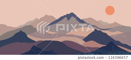 Abstract mountain landscape background, Nature wall decor, art print, minimalist panorama hill, adventure and travel view design. Vector illustration Abstract mountain landscape background, Nature wall decor, art print, minimalist panorama hill, adventure and travel view design. Vector illustration 116396657