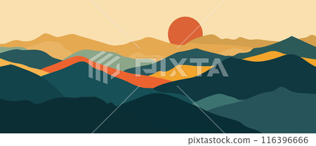 Abstract mountain landscape background, Nature wall decor, art print, minimalist panorama hill, adventure and travel view design. Vector illustration Abstract mountain landscape background, Nature wall decor, art print, minimalist panorama hill, adventure and travel view design. Vector illustration 116396666