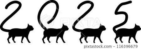 A silhouette of a cat whose tail is in the shape of the number "2025" 116396679