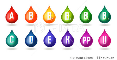 Set of drop with vitamins complex. Colorful multivitamin design in a vector illustrations 116396936