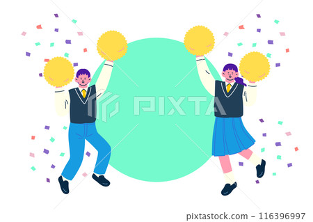 身穿制服的男女學生用絨球跳躍和歡呼的背景資料插圖 116396997