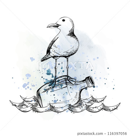A sea gull on a bottle floats on the waves. Illustration hand-drawn in graphics. EPS vector. Isolated composition on a white background With watercolor spots blue 116397056