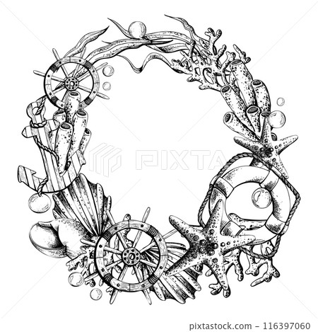 Seashells, starfish, seaweed, coral with anchor and steering wheel, lifebuoy and water bubbles. Illustration of graphic line art in black and white, hand drawn. Round wreath, frame, template for text. Seashells, starfish, seaweed, coral with anchor and steering wheel, lifebuoy and water bubbles. Illustration of graphic line art in black and white, hand drawn. Round wreath, frame, template for text. 116397060
