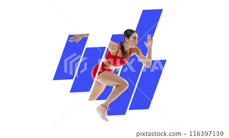 Female athlete in red sportswear sprinting through geometric blue bars, symbolizing strength, focus, and breaking of boundaries. Minimalistic design. Female athlete in red sportswear sprinting through geometric blue bars, symbolizing strength, focus, and breaking of boundaries. Minimalistic design. 116397139