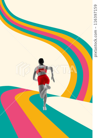 Dynamic image of female runner in motion on vibrant, curving tracks, symbolizing motion, progress, and vibrant energy of athletics. Abstract design. 116397159