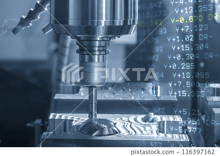 The abstract scene the rough cutting process on CNC milling machine and the G-code data background. 116397162