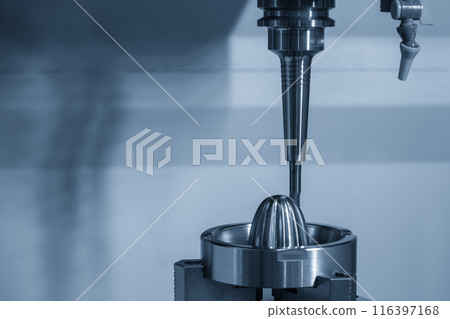 The CNC milling machine cutting the injection mold parts with solid ball end mill tool in the light blue scene. 116397168