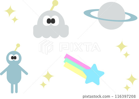 Cute face alien, spaceship, space and stars illustrations Cute face alien, spaceship, space and stars illustrations 116397208