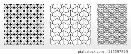 Geometric set of seamless black and white patterns. Simple vector graphics. 116397219