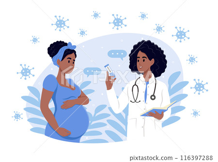 Immunization awareness month. African-American doctor gives a vaccine injection to a young pregnant woman in a medical center. The expectant mother is vaccinated against the virus. 116397288