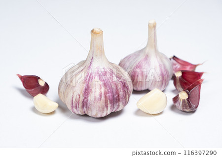 Fresh Garlic on White Background, Garlic Heads and Cloves. 116397290