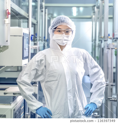 CG material: Image of a woman wearing full-body dustproof clothing working in a clean room at a precision equipment manufacturing factory CG material: Image of a woman wearing full-body dustproof clothing working in a clean room at a precision equipment manufacturing factory 116397349