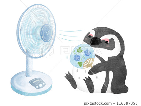 Penguins cooling off with electric fans and hand fans Penguins cooling off with electric fans and hand fans 116397353