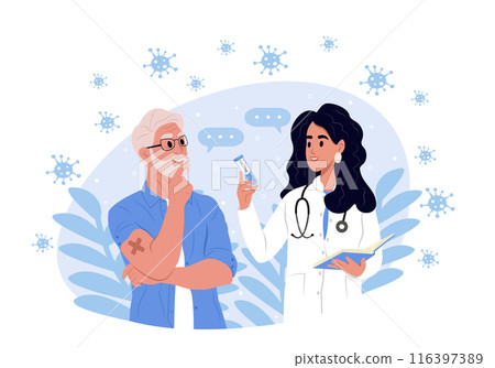 Vaccination concept. An elderly man receives a vaccination. Immunization awareness month. Vector template for banner, greeting card, poster with background. Vaccination concept. An elderly man receives a vaccination. Immunization awareness month. Vector template for banner, greeting card, poster with background. 116397389