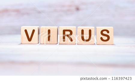 VIRUS word assembled from wooden cubes 116397423