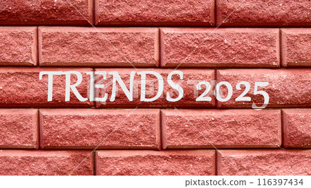 Plan finances investments and savings. TRENDS 2025 on a red decorative brick 116397434