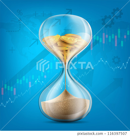 Dollar coins in an hourglass turn into sand Dollar coins in an hourglass turn into sand 116397507