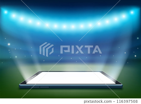 Smartphone with white screen on a soccer stadium Smartphone with white screen on a soccer stadium 116397508