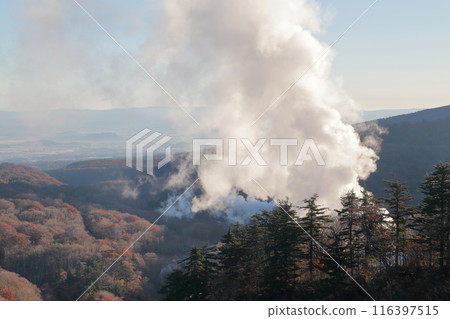 Matsukawa Geothermal Power Plant (Hachimantai City, Iwate Prefecture) A geothermal power plant spewing steam 116397515