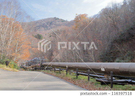 Matsukawa Geothermal Power Plant (Hachimantai City, Iwate Prefecture) Pipes from geothermal wells for geothermal power generation 116397518