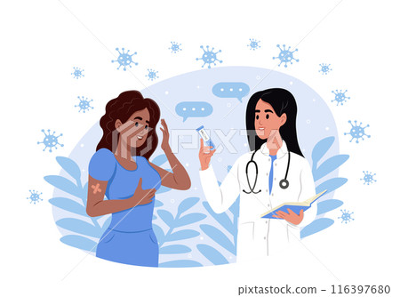 A young woman receives a seasonal flu vaccine. Vaccination, immunization and disease prevention. The doctor vaccinates the patient 116397680