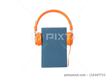 PNG, Book with modern headphones, isolated on white background. 116397733