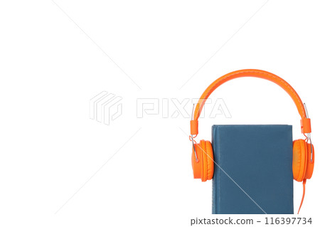 PNG, Book with modern headphones, isolated on white background. 116397734