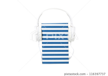 PNG, Book with modern headphones, isolated on white background. 116397737