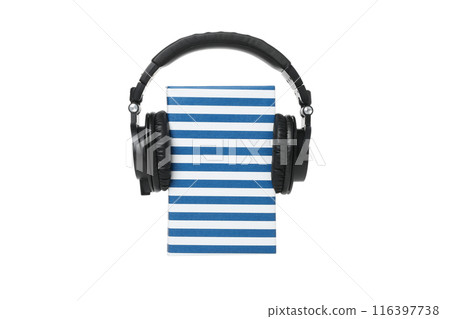 PNG, Book with modern headphones, isolated on white background. PNG, Book with modern headphones, isolated on white background. 116397738