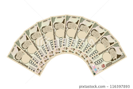 面額10萬日圓的新版1萬日元紙幣展開成扇形 面額10萬日圓的新版1萬日元紙幣展開成扇形 116397893