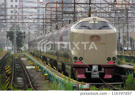 Sunrise Seto and Izumo sleeper express trains parked at Tamachi Train Depot 116397897