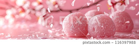 Delicate Sakura Mochi Adorned with Falling Cherry Blossoms on a Serene Background Delicate Sakura Mochi Adorned with Falling Cherry Blossoms on a Serene Background 116397988