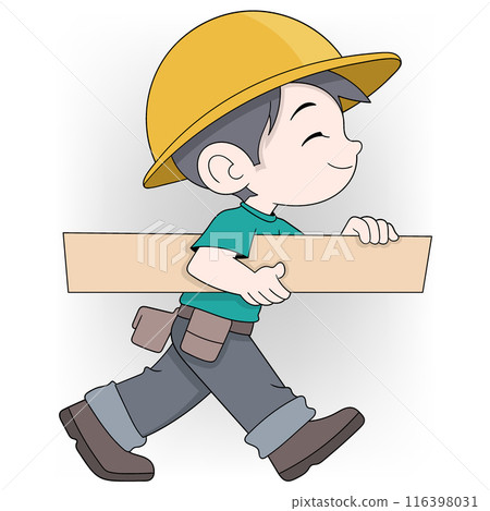 Cheerful Young Carpenter Carrying Wooden Plank in Safety Gear 116398031