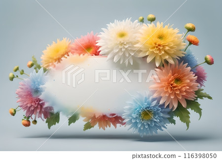 yellow Chrysanthemum flowers and blank label for text, isolated on a light blue background 116398050