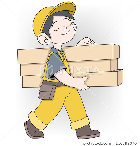 Smiling Carpenter Carrying Wooden Planks in Yellow Work Attire 116398070