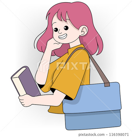 Smiling Pink Haired Student Carrying a Book and a Bag Smiling Pink Haired Student Carrying a Book and a Bag 116398071