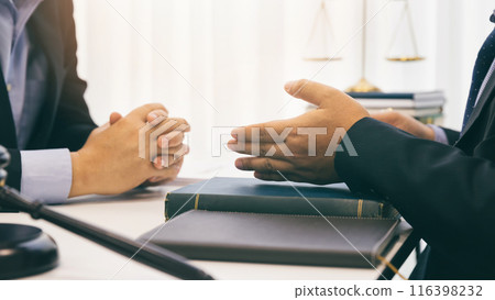 Lawyer meeting and consult with client. Consultation of businesswoman and lawyer. Treaty of the law. Law and Legal services concept. 116398232