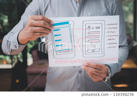 UX or UI designers designing on smartphone application layout prototype project. 116398236