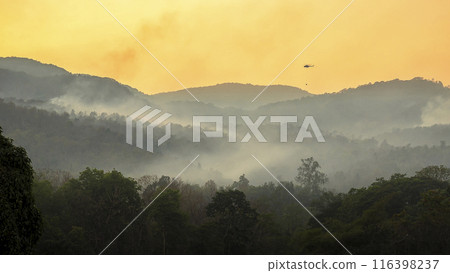 Wildfire disaster is burning forests on the mountains. Emergency services helicopter drops water to extinguish the forest fires that burned the forest on the mountains. 116398237