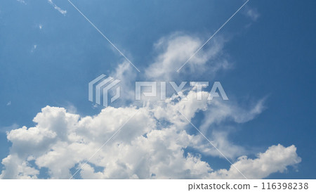 White clouds on the blue sky perfect for the background. Clear blue sky and white clouds. Blue sky background with clouds. White clouds on the blue sky perfect for the background. Clear blue sky and white clouds. Blue sky background with clouds. 116398238