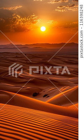 The setting sun kisses the horizon, casting a fiery glow over the endless desert dunes. The sky, adorned with a delicate pattern of clouds, mirrors the undulating sand below. 116398248