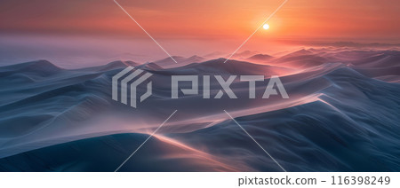 The last light of the day paints the desert sands with hues of pink and orange. Twilight brings a quiet beauty to the undisturbed wilderness. 116398249