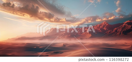 Clouds cast shadows over rolling desert dunes as the mountains stand guard in the distance, creating an ethereal and tranquil desert scene at sunset. The soft light adds a mystical quality. 116398272