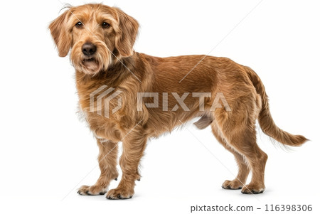 A confident Basset Fauve de Bretagne stands alert, its golden coat shining against the white background, showcasing the breed's robust build and attentive nature. The dog's gaze reflects intelligence. 116398306
