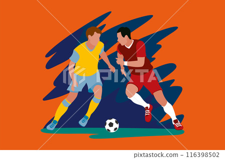 Multi-color illustration of a football game. A bright and dynamic little guy who plays football players and hits the ball. Football tournament concept. Flat illustration for visualization. Multi-color illustration of a football game. A bright and dynamic little guy who plays football players and hits the ball. Football tournament concept. Flat illustration for visualization. 116398502