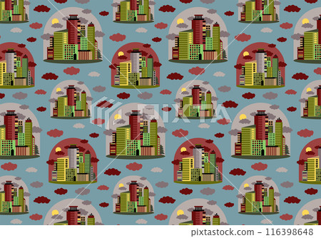 Vector seamless pattern of cityscape in flat style on blue background. Cartoon high-rise buildings in a flask in pastel colors. A versatile texture for the design and printing of wrapping paper, etc. Vector seamless pattern of cityscape in flat style on blue background. Cartoon high-rise buildings in a flask in pastel colors. A versatile texture for the design and printing of wrapping paper, etc. 116398648