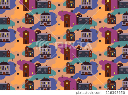 Vector seamless pattern of cottages and high-rise buildings in flat style. Colorful cartoon doll house in bright colors. A versatile texture for the design and printing of wrapping paper, packaging. 116398650