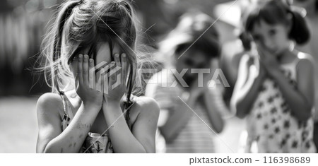 A black and white image of a young girl covering her face, isolated even in the midst of other children, evokes a poignant sense of loneliness. 116398689