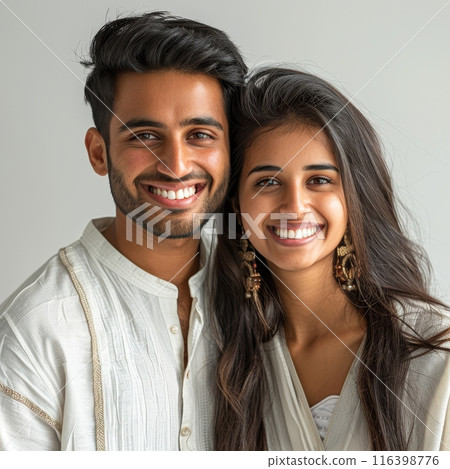 A radiant young couple shares a cheerful moment, donned in elegant traditional Indian clothing. Their genuine smiles reflect a deep connection and cultural pride. 116398776