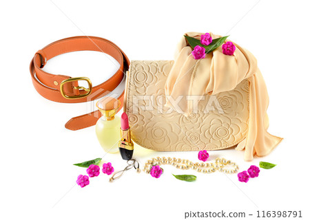 Women's handbag, belt, cosmetics and jewelry isolated on white background. Collage. Women's handbag, belt, cosmetics and jewelry isolated on white background. Collage. 116398791